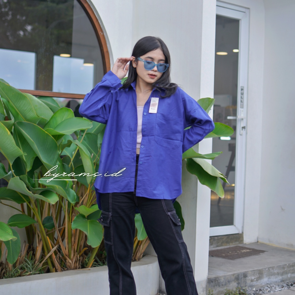 Kemeja Wanita Oversize Linen Olivia Shirt Linen Pocket Oversize-BIRU ELECTRIC