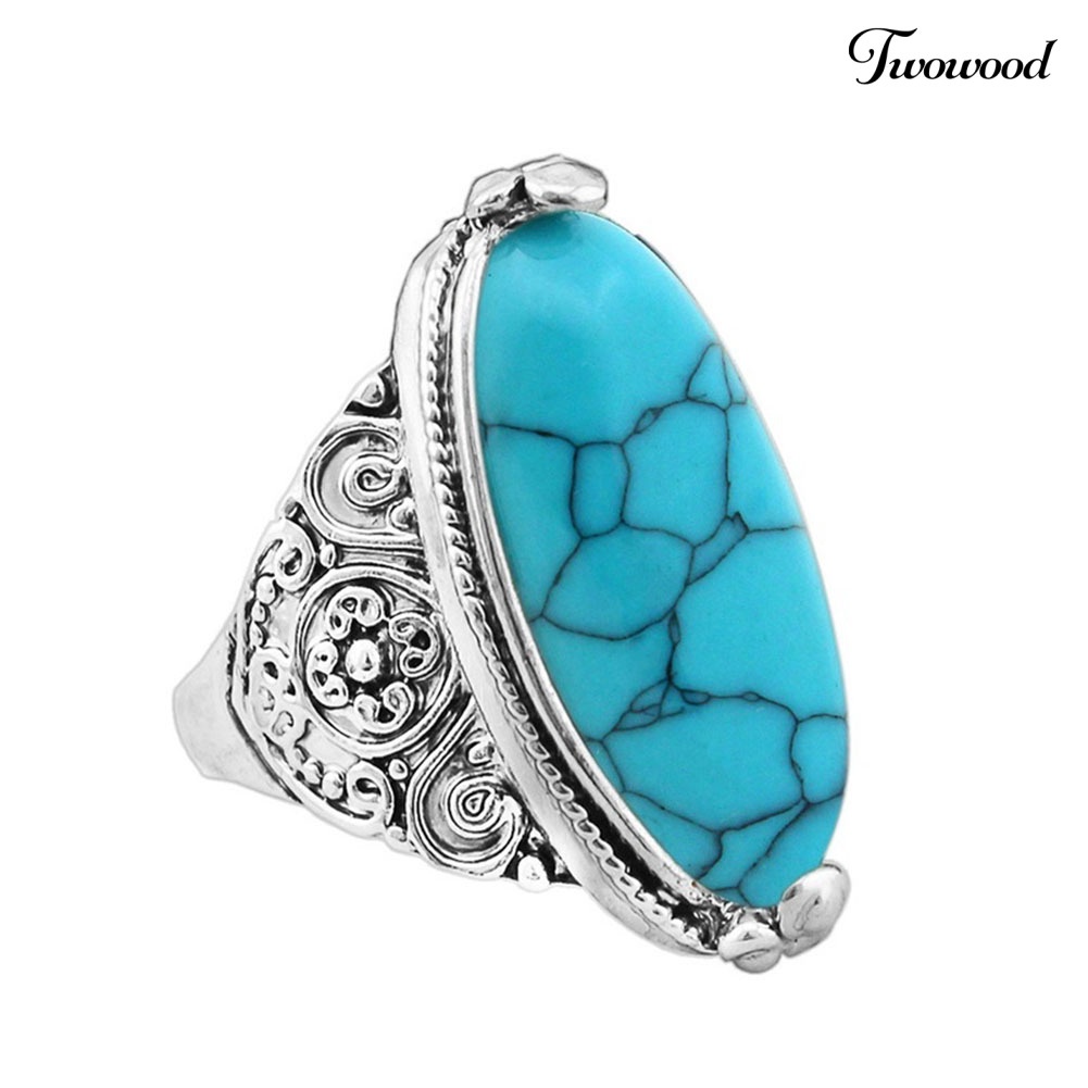 Cincin Lapis Silver Antik Bentuk Oval Turquoise Gaya Boho Vintage Untuk Wanita