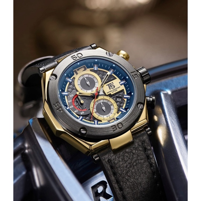 New T5 Leather H 3881G Original Chronograph Stopwatch Water Resistant Include Box T5 Manual Book & P