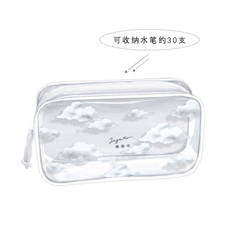 ☎Sera Jepang diimpor kecil awan putih transparan tas pensil PVC, Kapasitas besar penyimpanan alat tulis tas kosmetik, Tangan membawa sederhana kecil segar