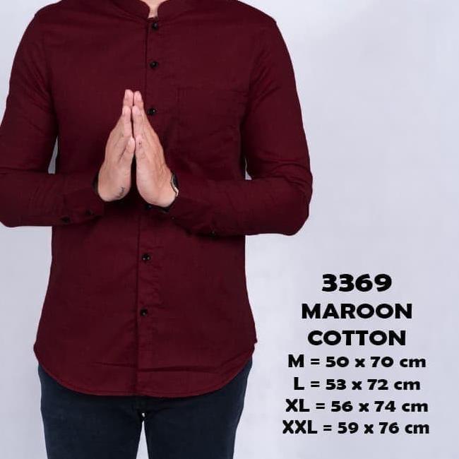 Kemeja pria kerah shanghai koko lengan panjang slimfit MERAH MAROON - Maroon, L