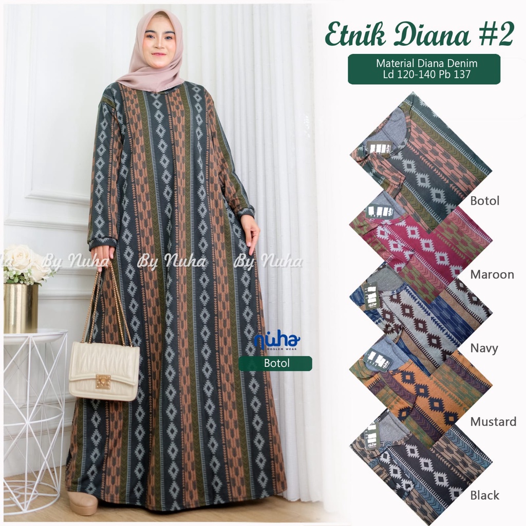 Nuha Terbaru Etnik Diana 2 Dress Jumbo Pakaian Muslim Wanita Kekinian Gamis Murah Lengan Panjang Out