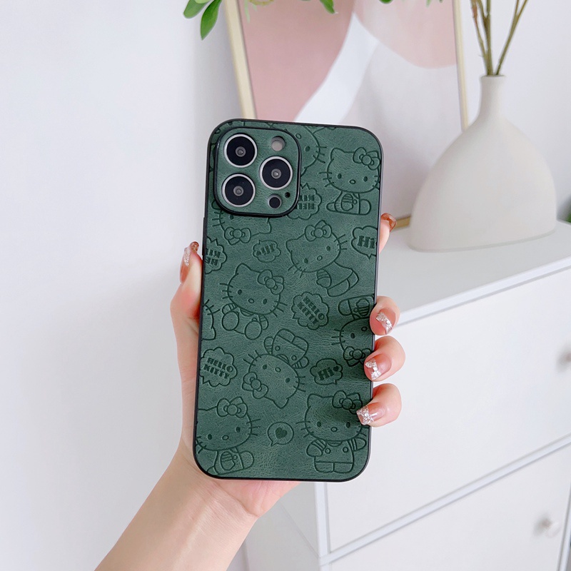 Cute HelloKitty Skin Feeling Full Screen Leather Hard Phone Case Untuk Iphone 7 8 14 Plus 7+ 8+ 14+ IP X Xr Xs Max Casing iPhone 11 12 13 14 Pro Max Sarung Handphone Shin Case