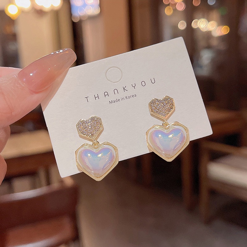 Anting Stud Desain Hati Aksen Mutiara Bahan 925 silver needle