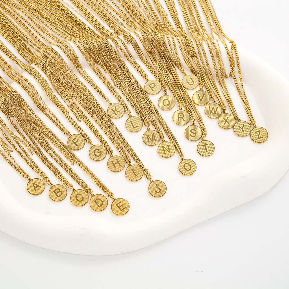 Kalung Rantai Liontin Inisial Nama Bentuk Bulat Bahan Stainless Steel Warna Emas Ukuran 12mm Untuk Wanita