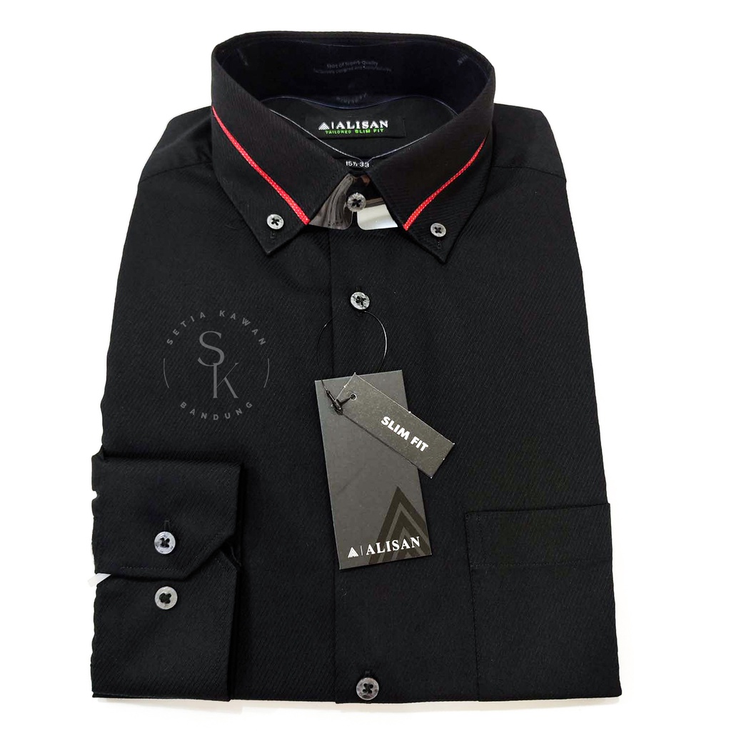 Kemeja ALISAN Spesial Doby Slim Fit Lengan Panjang ( HITAM KERAH LIST MERAH )