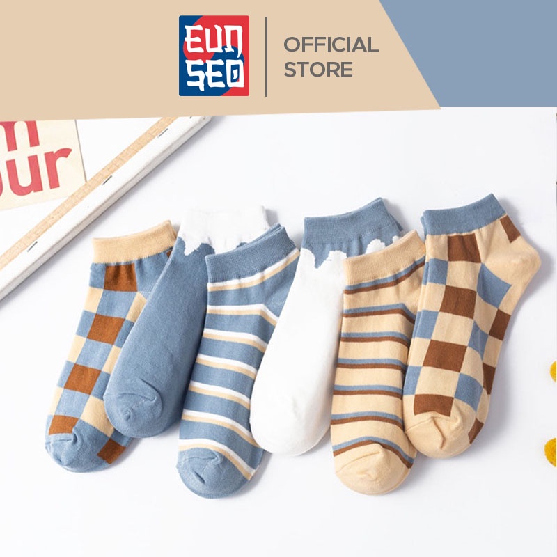 EUNSEO Kaos Kaki Pendek Wanita Motif Catur Kaoskaki Ankle Cute Fashion Korea Premium