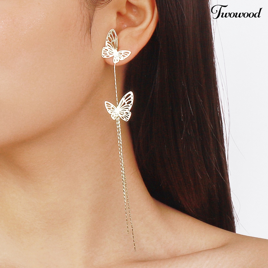 Anting Juntai Panjang Model Hollow Butterfly Bahan Metal Untuk Wanita