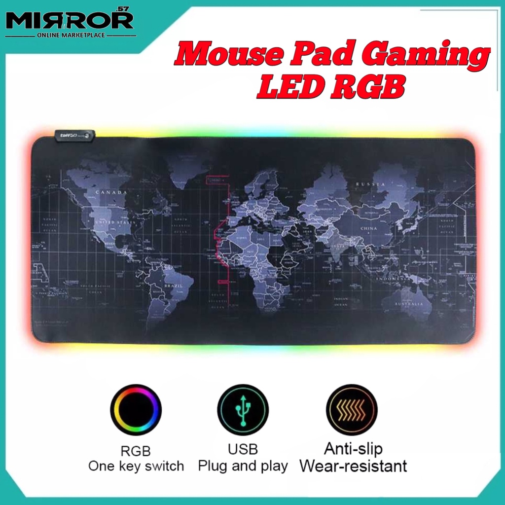 Mouse Pad Gaming XL LED RGB Motif Peta Dunia Matras Meja Ukuran Besar Anti Slip, Bahan Soft