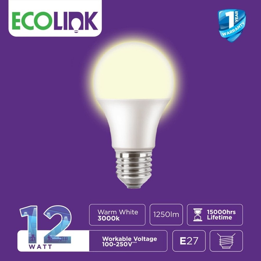 ECOLINK Lampu 12W LED 12Watt Bulb Bohlam 12 Watt - 3000K Warm White Kuning Hangat