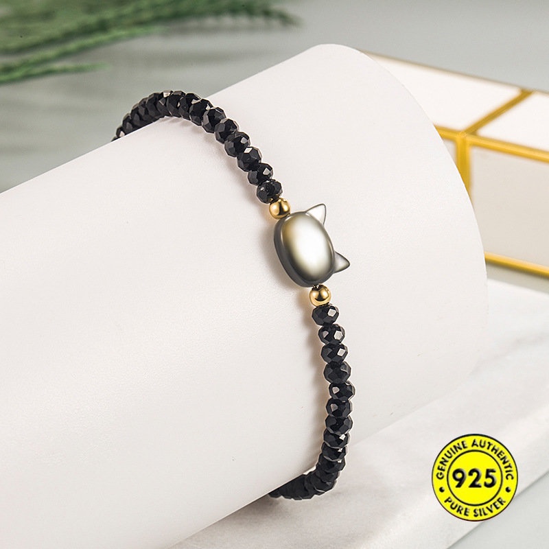 Gelang Tangan Rantai Adjustable Aksen Kucing Hitam + Kristal Untuk Wanita U1352