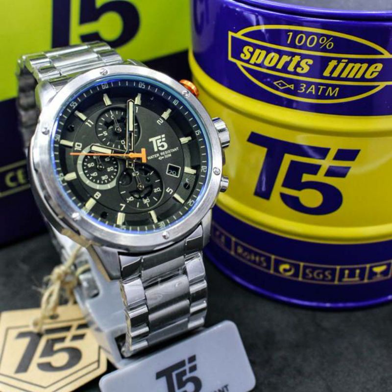 jam tangan pria Mewah T5 H3588G Rantai Silver Black Date aktif/Chrono aktif original