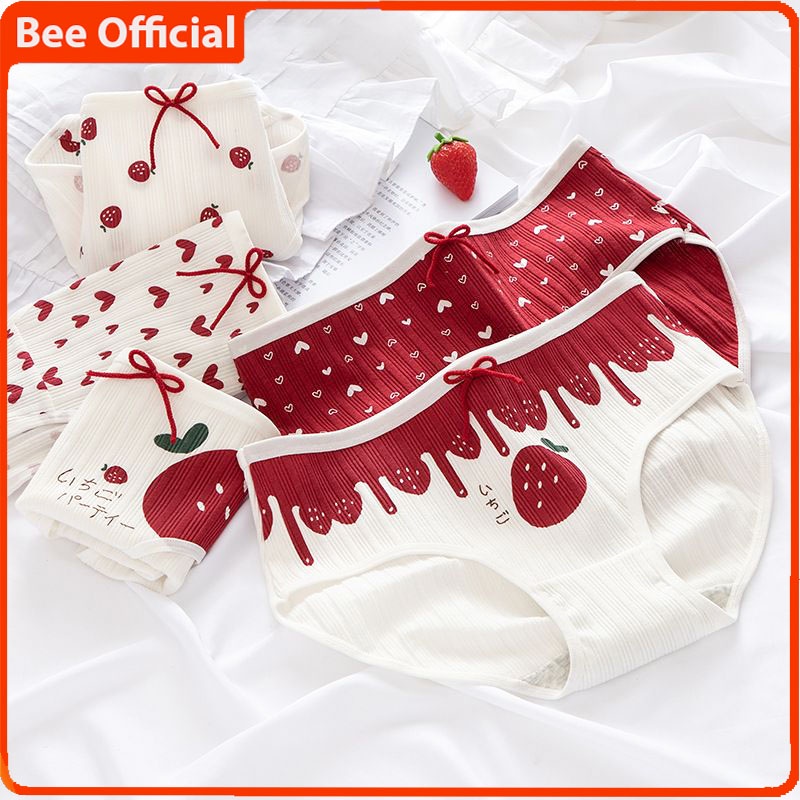 BEE - Celana Dalam Wanita Import Mid Waist Cd Imut Motif Strawberry CS13