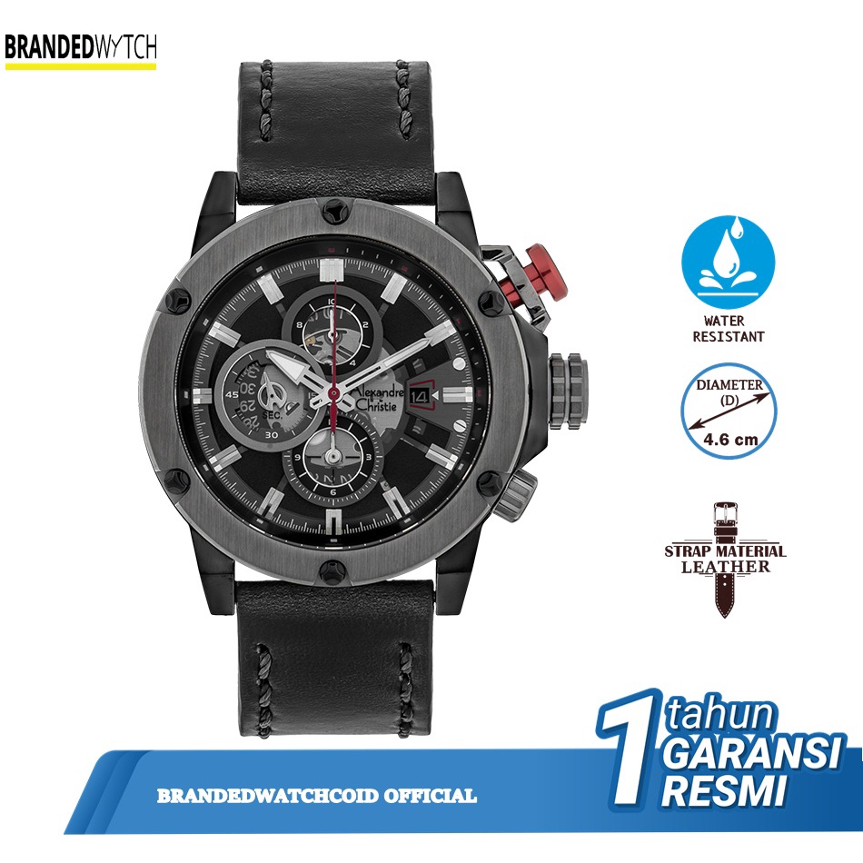 Jam Tangan Alexandre Christie AC 6491 Chronograph Pria - Stainless Steel 46mm Black Dial Leather Strap