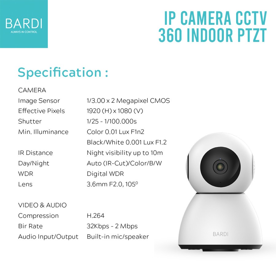 BARDI Smart Indoor PTZ IP Camera CCTV Wifi IoT Home Automation