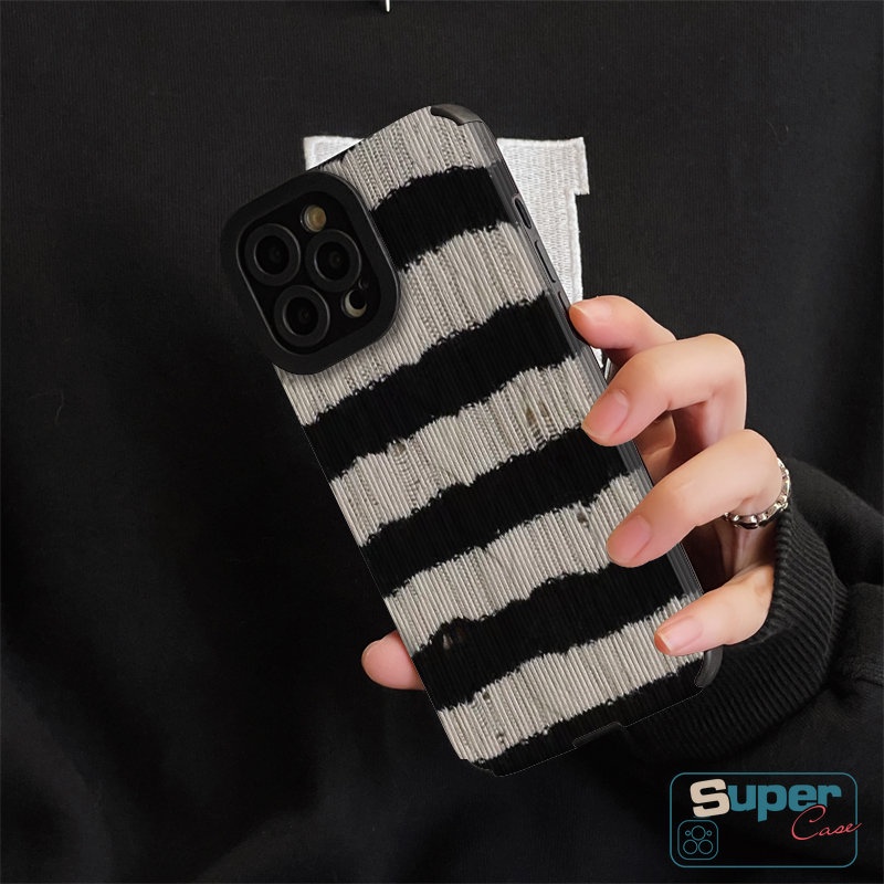Soft Case Bahan Kulit Tekstur Garis Hitam Putih Gaya Retro Untuk iPhone XR 11 14 13 12 Pro Max X XS Max 7 8 Plus