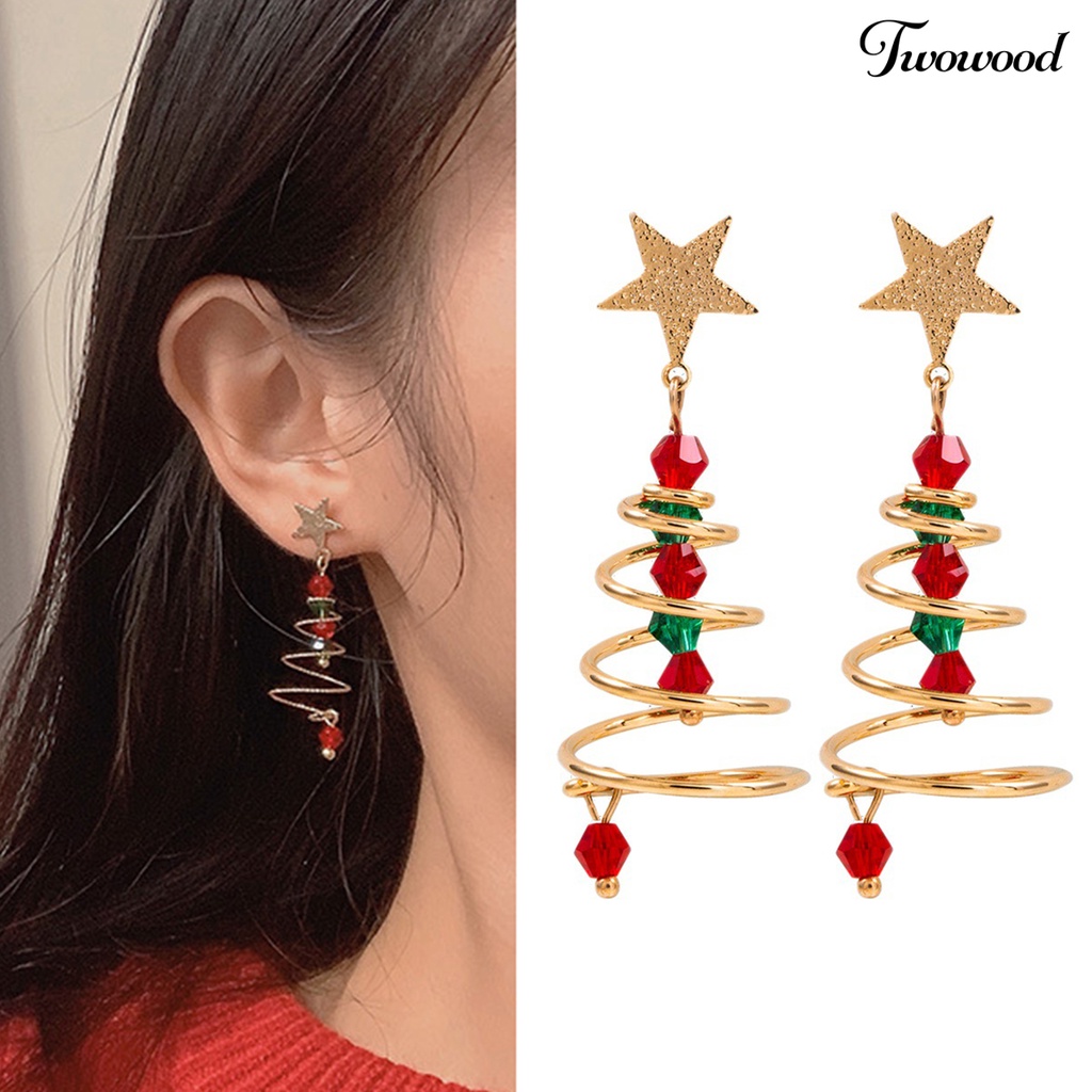 1 Pasang Anting Menjuntai Desain Pohon Natal Bintang Lima Sudut Warna Kontras Untuk Hadiah Wanita