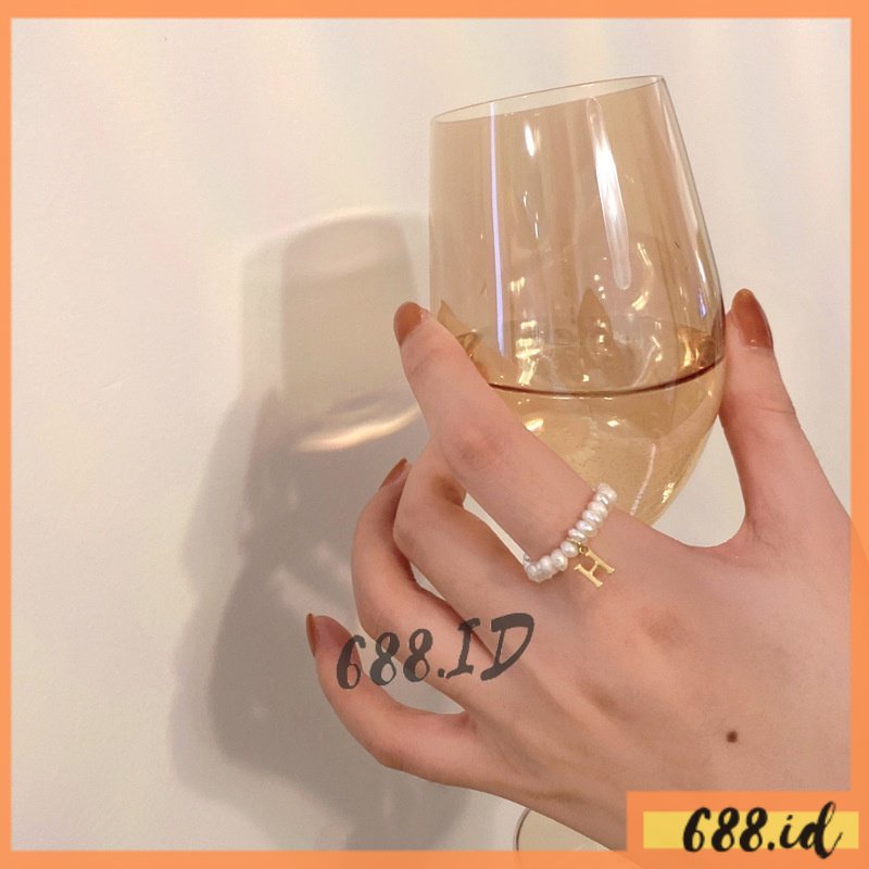 Cincin Wanita Korea Mutiara Huruf H Crystal Elastis Ring Beads Mote Pearl Cincin Cantik CC 01