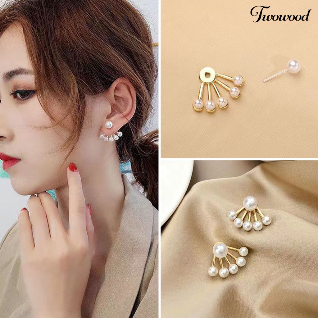 1 Pasang Anting Stud Bentuk Kipas Geometris Aksen Mutiara Tiruan Gaya Elegan Minimalis Untuk Wanita