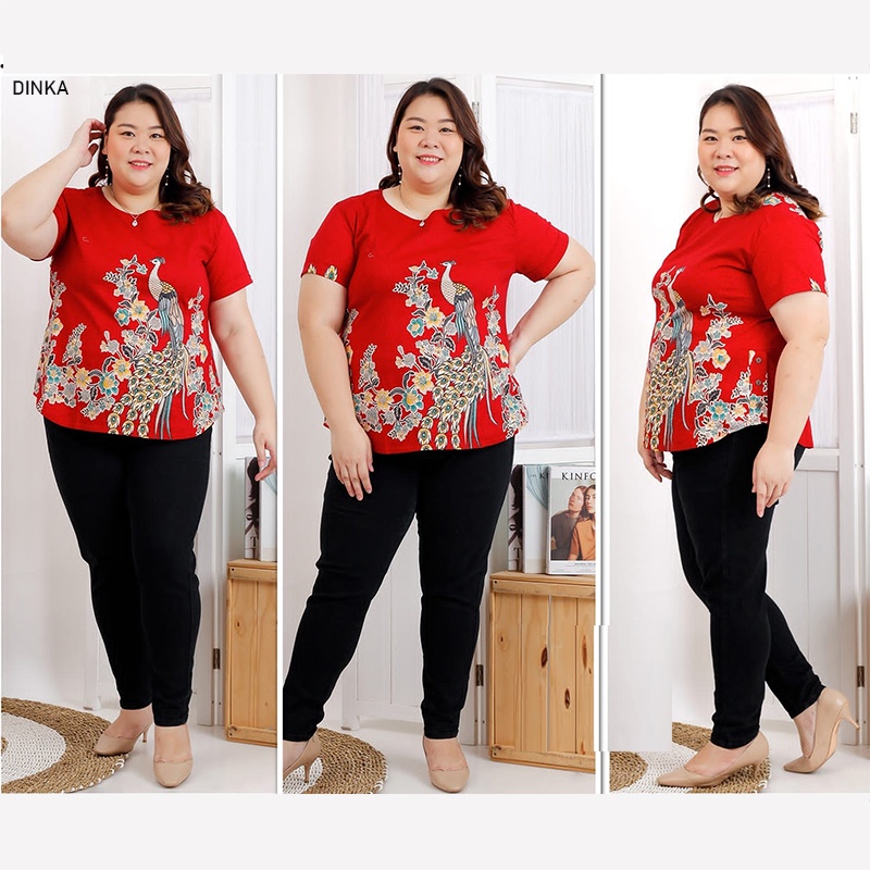 Dinka Atasan Batik Jumbo Blouse Batik Bigsize Baju Batik XXL Kaos Lengan Pendek XXXL Couple Merah Re