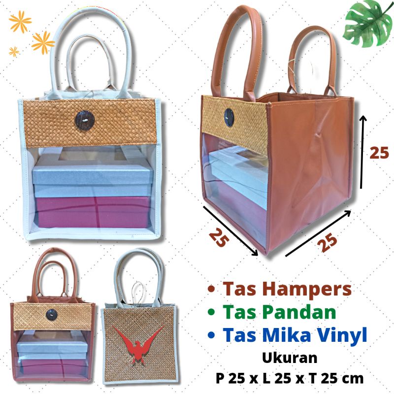 

Tas Anyaman Pandan Mendong Mika Vinyl Hampers Ukuran 25x25x25 Cm