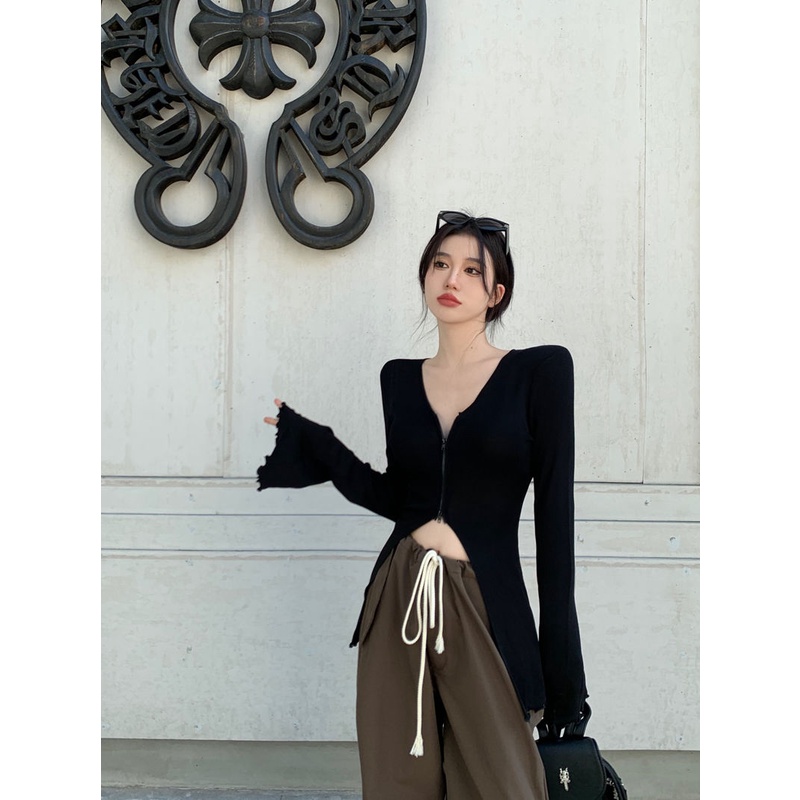 Red Retro V-Leher Ritsleting Kecil Cardigan Jaket Wanita Musim Gugur Baru Lengan Panjang Slim Kemeja Bagian Dalam Musim Gugur dan Musim Dingin pasang