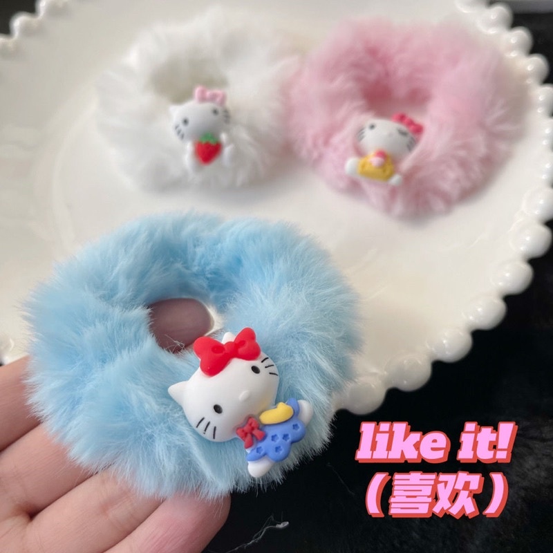 Delunashop Ikat Rambut Scrunchie Korea Ikat Rambut donat bulu hello kitty Pita Ikat Rambut Anak