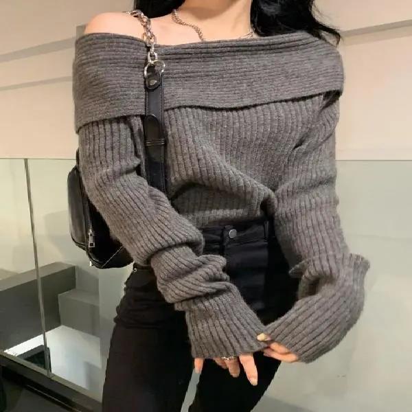 Suhao seksi off-the-shoulder satu-leher sweater wanita longgar gaya malas musim gugur dan musim dingin kualitas tinggi one-shoulder sweater pakaian rajut