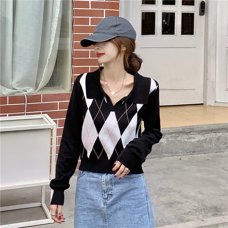 Knitwear wanita/blouse wanita korea/lengan panjang blouse kekinian/kotak wanita