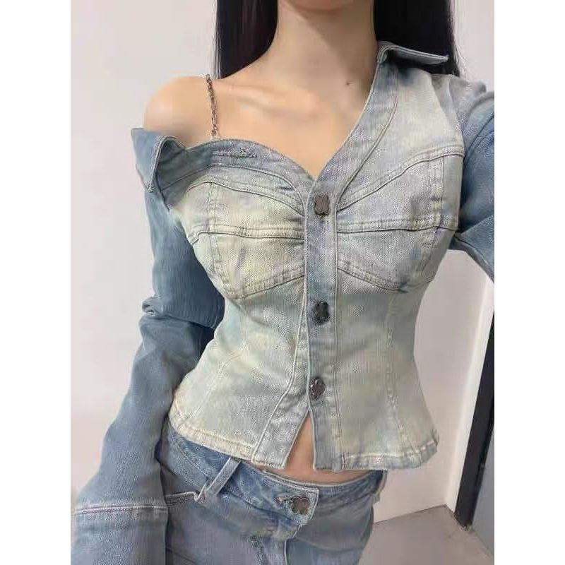 Suhao Off-The-Shoulder Rantai Kemeja Denim Wanita Musim Gugur 2022 Desain Baru Rasa Niche Hot Girls Slim pendek Biru Muda Top