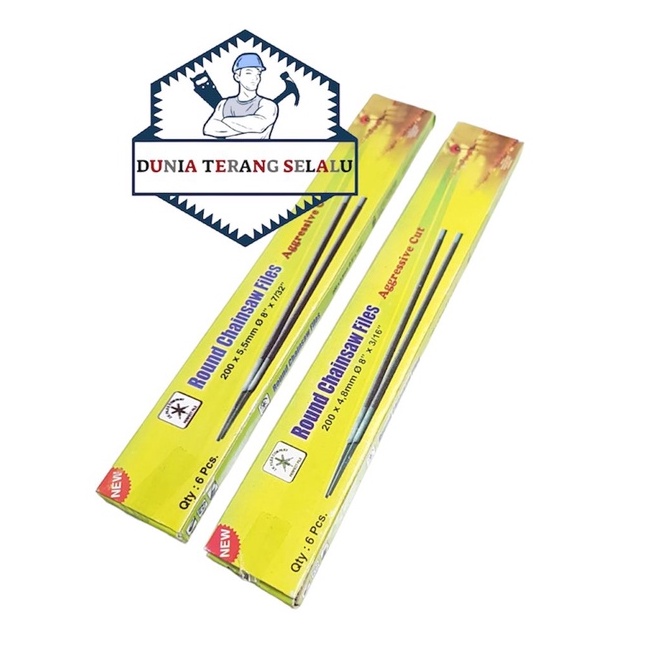 (1 KOTAK ISI 6 BIJI) - Kikir Chainsaw THREEFILE 200mm 20cm 4,8 mm 5,5 mm -Kikir India JK JAYKAY Round Chainsaw Files 3/16 7/32 in