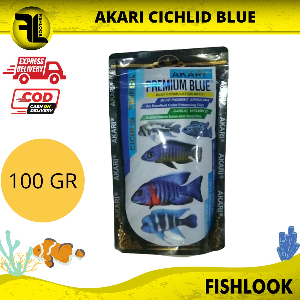 AKARI PREMIUM PAKAN IKAN CICHLID TROPICAL BLUE YELLOW RED MAXI 100 GRAM