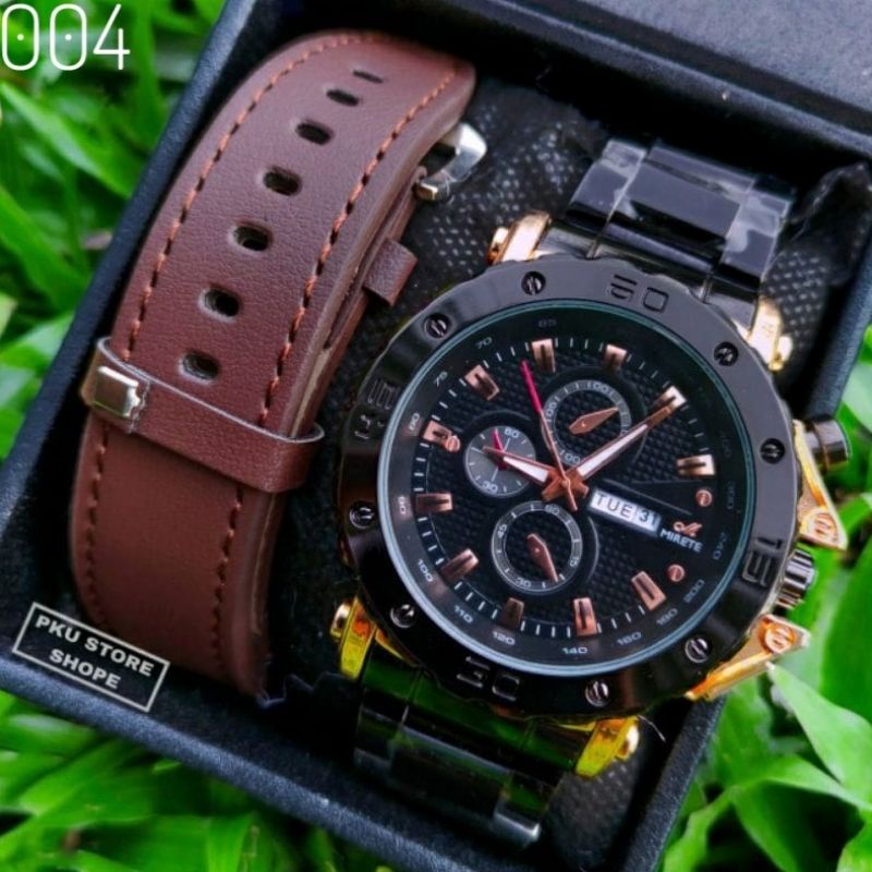 Jam Tangan Pria Mirete 2 Tali Original Rantai Stainless Steel Tanggal DAN hari Aktif Tahan Air Free Batrai Cadangan | JAM Tangan Mirete Import Pria Rantai Stainlees Steel Silver Tombol Mreah / Hitam Rosgold / FUL Black / JAM TANGAN MIRETE RIA 2 TALI