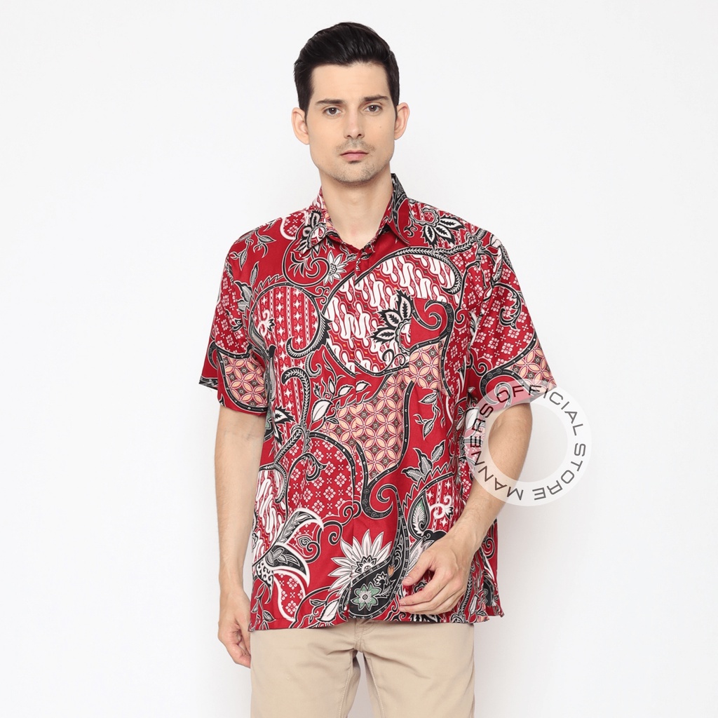 Kemeja Batik Pria Lengan Pendek Katun Merah Putih Kasual