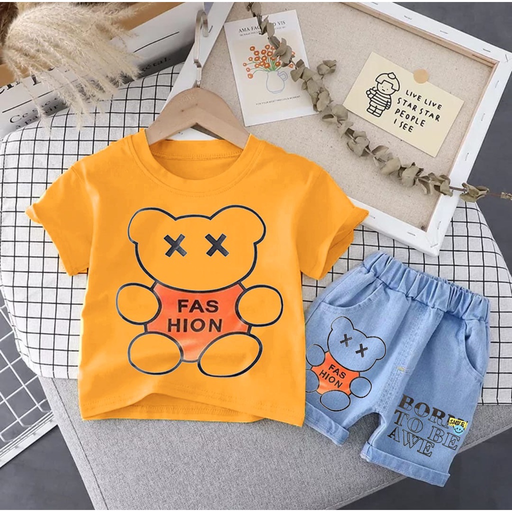 SETELAN ANAK BAJU KAOS BAHAN KATUN CELANA PENDEK BAHAN DENIM UMUR 1-5 TAHUN MOTIF BEAR FASHION BAJU ATASAN ANAK LAKI LAKI PEREMPUAN TERBARU OUTFIT ANAK MASA KINI SETELAN ANAK FASHION ANAK TERLARIS