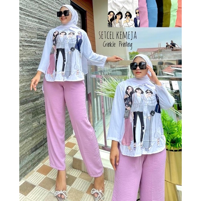 KAYANA One Set Wanita Crinkle Airflow Motif Printing/Setelan Kemeja Celana Terbaru Wanita/One Set Wa