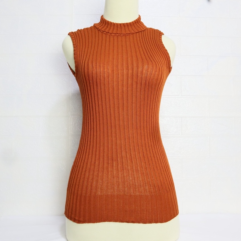 Tank Top Rajut Turtlekneck Inner Knit Tanpa Lengan Kerah Tinggi