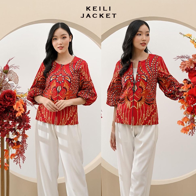 Evercloth Keili Jaket Wanita Batik VM Jacket Wanita Jaket Batik Lengan Balon Puff Outer Lengan Panjang Rompi Wanita Jumbo Luaran Batik Couple Seragam Set Merah Red Natal Imlek CNY