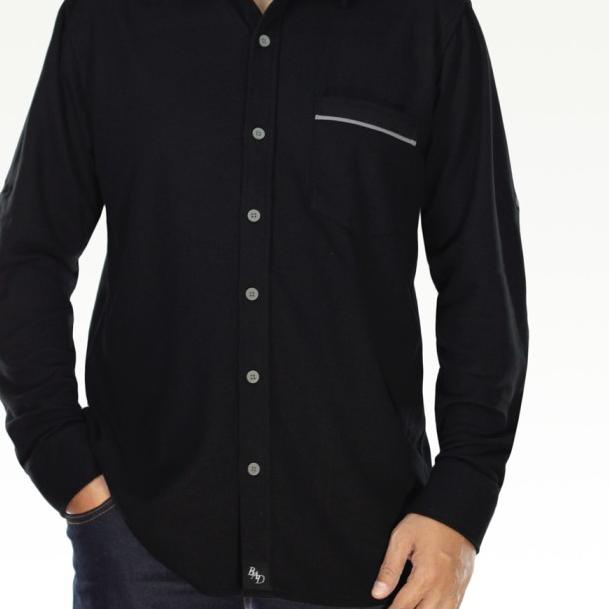 Kemeja Panjang Pria Big Size Jumbo Polo Hem Cowok Casual Katun Polos - Hitam, 2XL