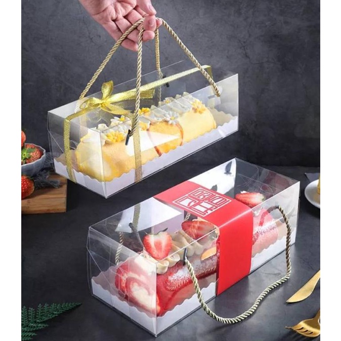 Box Mika Handle Tali Bolu Gulung Kotak Rollcake Tart Mika Transparan