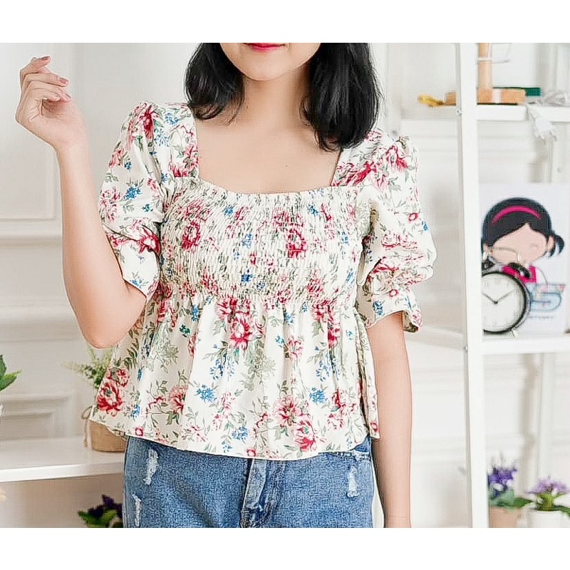 Tq88indonesia Fashion Baju Atasan Wanita Motif Bunga Terbaru / CHUYA BABYDOLL SMOCK SWEET TOP / Blouse Casual / Blus Floral Lengan Pendek