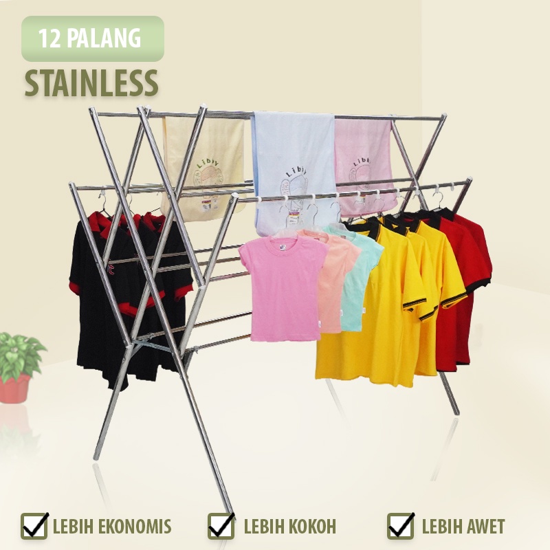 Jemuran Baju Handuk Stainless Besar 12 Palang+Gantungan Panjang :178cm x Tinggi :177cm