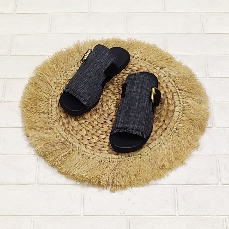 LS_Sandal Sendal Sepatu Motif Plat Selop Gesper Slip On Tali Gesper Wanita / Sepatu Flat Sandal Slip