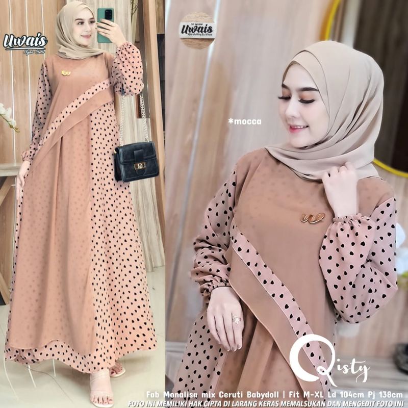 GAMIS WANITA MUSLIM MOTIF POLKADOT MIX POLOS WARNA MOCCA TERLARIS BEST SELLER PREMIUM ESTETIK