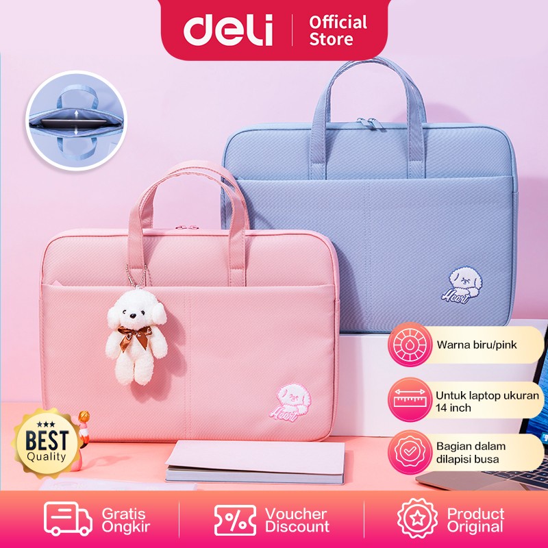 Tas Laptop Deli Terylene 14 inch Liontin Boneka Lucu Lapis Dalam Busa