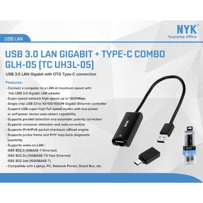 Usb A 3.0 to lan rj45 cable nyk 1000Mbps gigabit ethernet adapter with otg type-c for pc cpu laptop macbook phone tablet gln05 gln-05