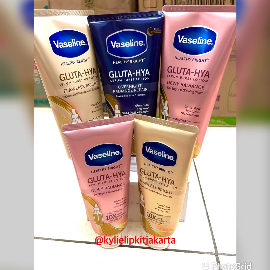 Vaseline Healthy Bright Gluta-Hya Dewy Radiance Flawless Bright Overnight Radiance Repair 200 mL Whitening Body Lotion Brightening Pelembab Pelembut Pencerah Badan Vaseline Gluta Hya 330ml Glutation Hyaluron Niacinamide 330 ml Serum UV A UV B PA++ Vit C