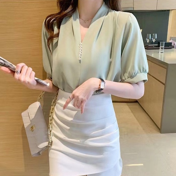 Kemeja aura asing tipis/Kemeja sifon pendek Korea baru