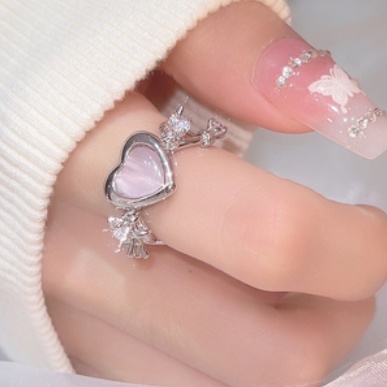 YEEZII Cincin Silver Model Terbuka Adjustable Desain Hati Hias Opal Pink Untuk Wanita