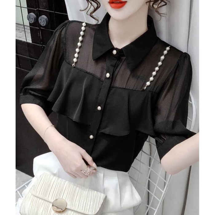 Kemeja wanita hitam model mutiara aksesoris katun sifon korea lengan